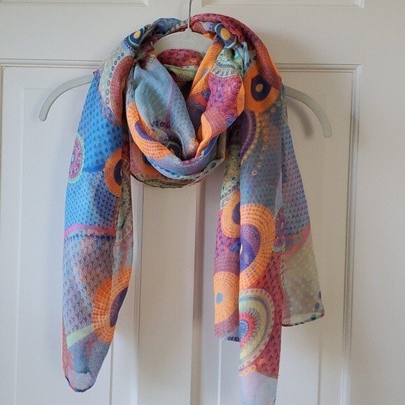 ABSTRACT PRINT SCARF MULTICOLOR SPRING BRIGHT ARTSY GEOMETRIC FUNKY BOHO - Picture 5 of 6